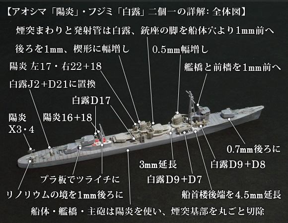 アオシマ「陽炎」+フジミ「白露」による「朝潮型」のパーツ割り当て