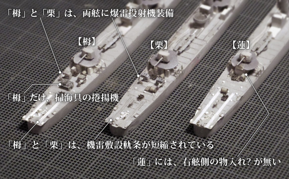 ハセガワ製の1/700駆逐艦「樅」をベースにした、「栂」「栗」「蓮」の艦尾兵装の違い