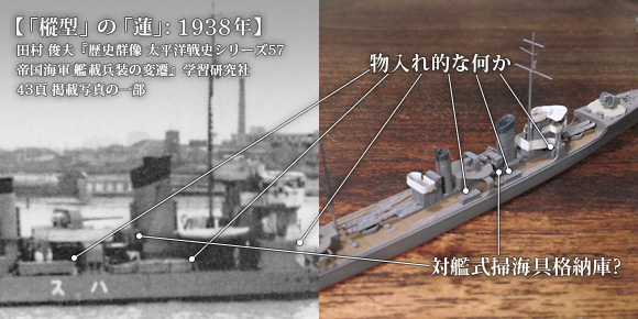 ハセガワ製の1/700駆逐艦「樅」をベースにした、「蓮」の対艦式掃海具など