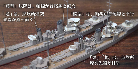 ハセガワ製の1/700駆逐艦「樅」をベースにした、「栂」「栗」「蓮」各艦の烹炊所煙突と絡車