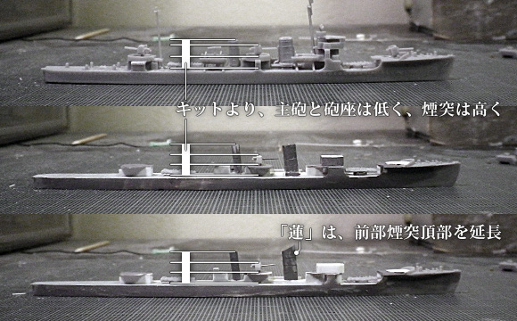 ハセガワ製の1/700駆逐艦「樅」の、煙突と主砲のバランスを修正